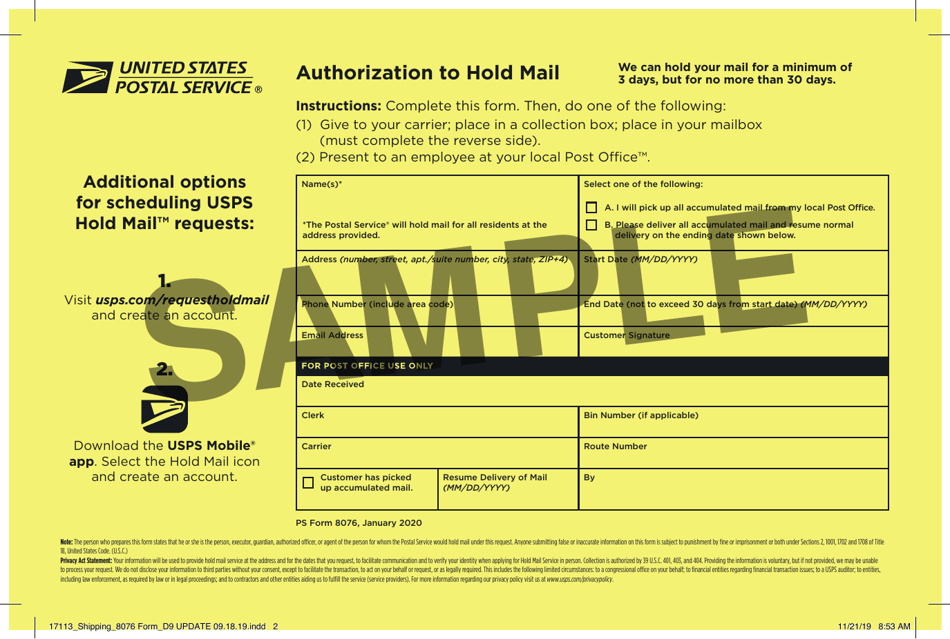 PS Form 8076 Download Printable PDF Or Fill Online Authorization To Hold Mail Sample 2001