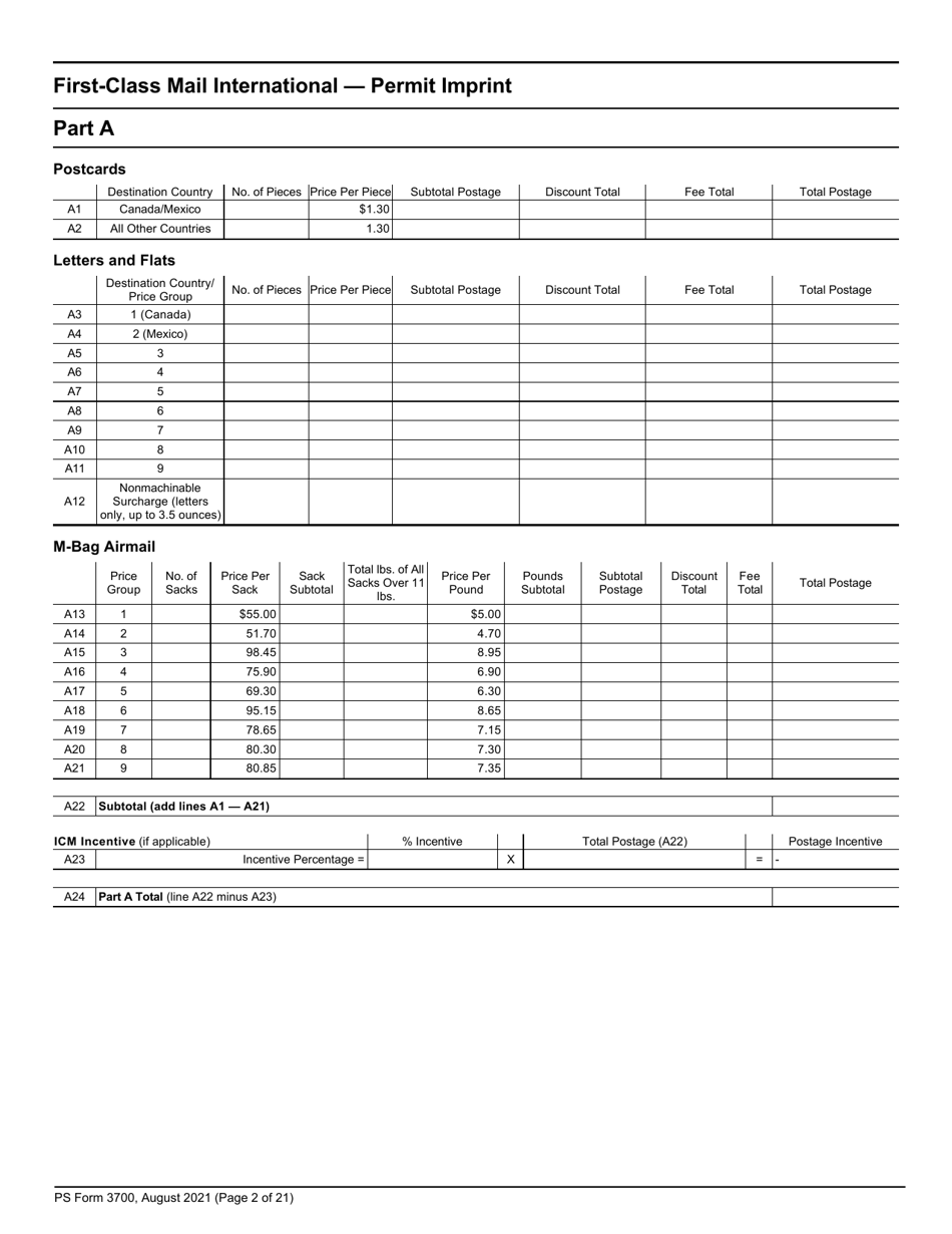 PS Form 3700 Postage Statement - International Mail, Page 2