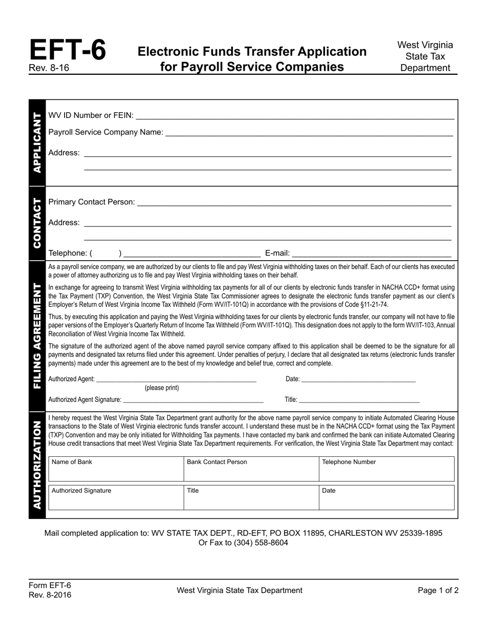 Form EFT-6 Electronic Funds Transfer Application for Payroll Service Companies - West Virginia, Page 1