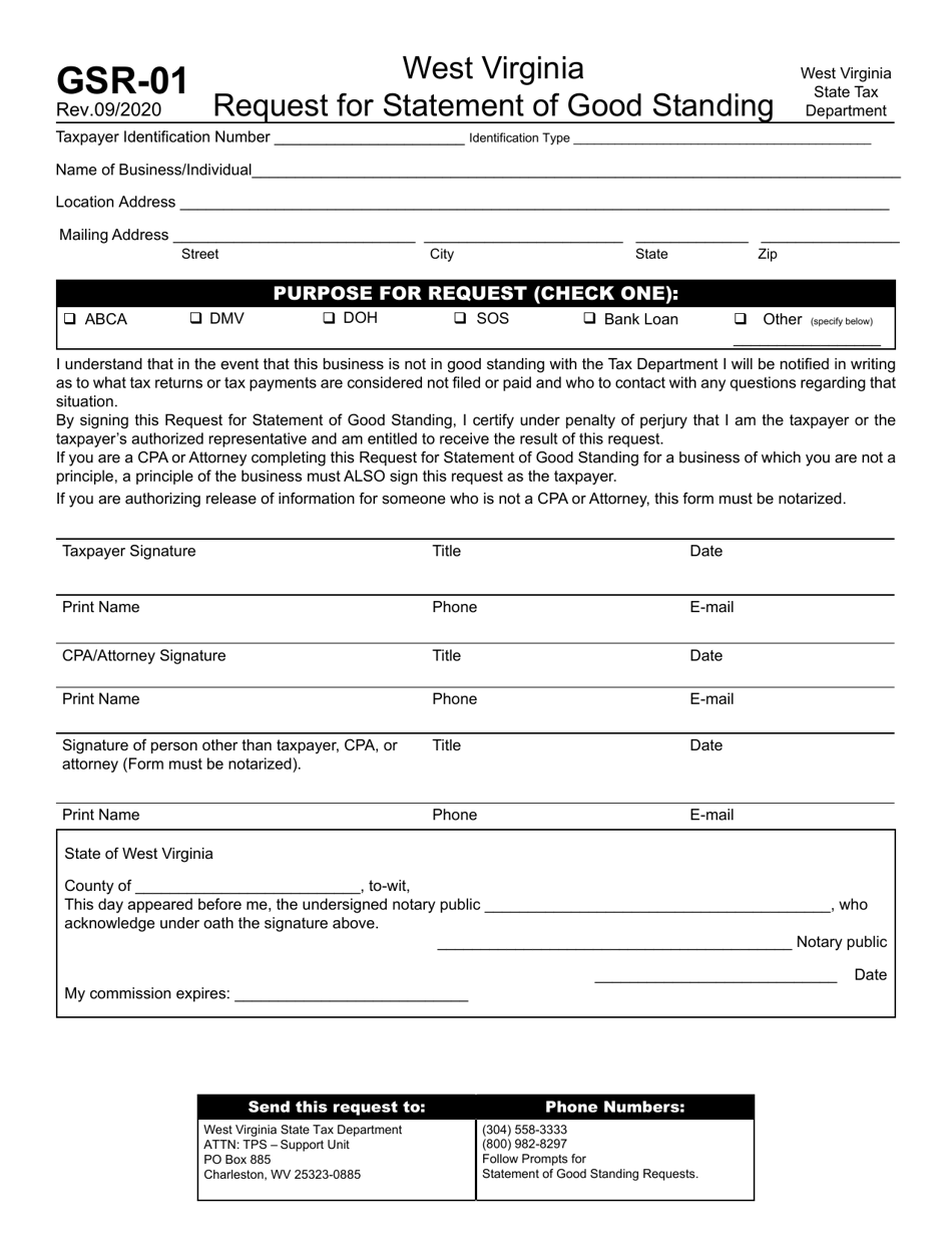 Form GSR-01 Request for Statement of Good Standing - West Virginia, Page 1