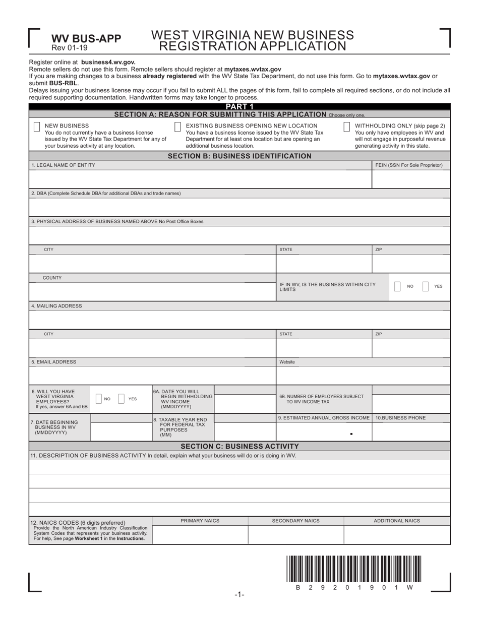 Form WV BUS-APP West Virginia New Business Registration Application - West Virginia, Page 1