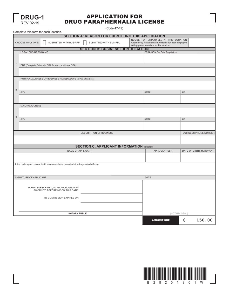 Form DRUG-1 Application for Drug Paraphernalia License - West Virginia, Page 1