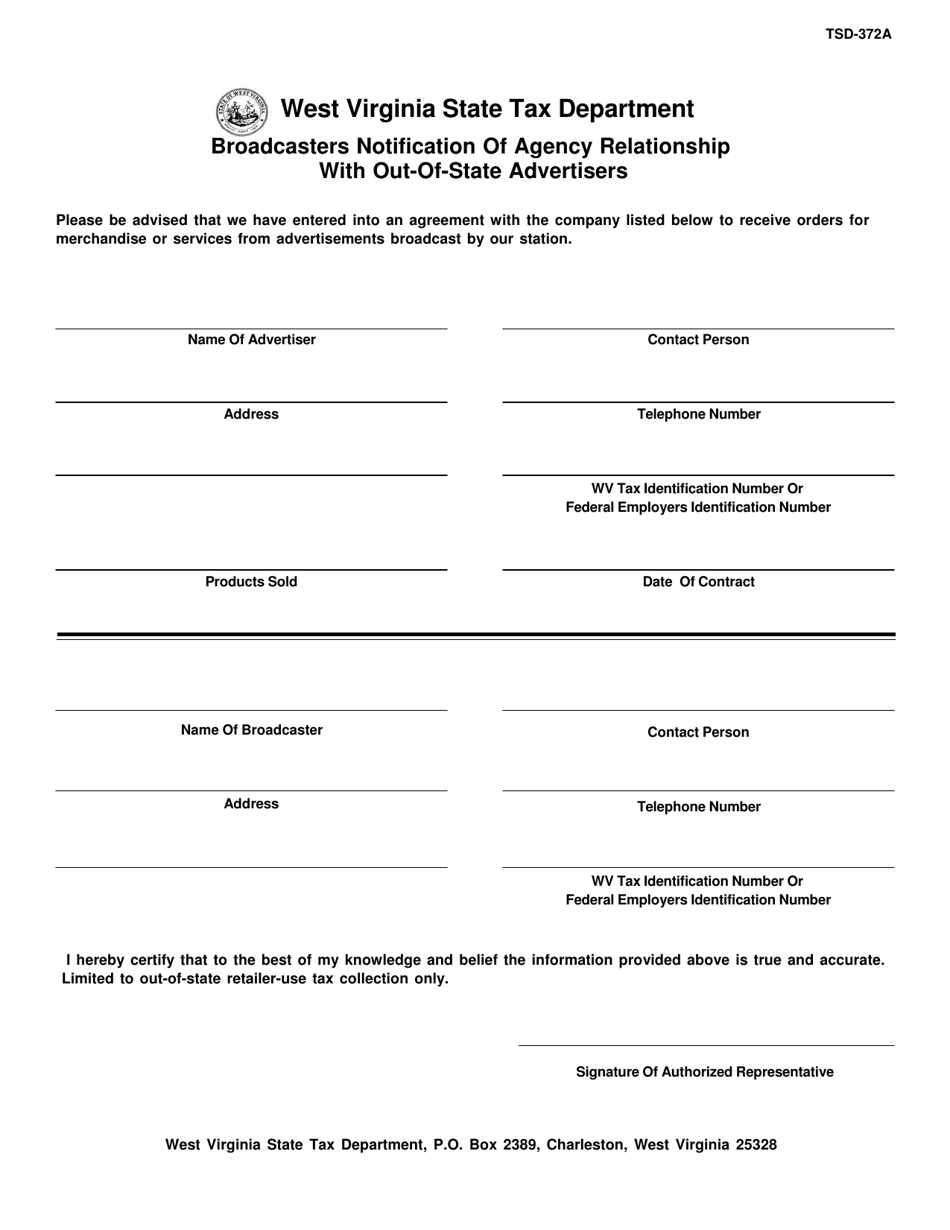 Form TSD-372A Broadcasters Notification of Agency Relationship With Out-of-State Advertisers - West Virginia, Page 1