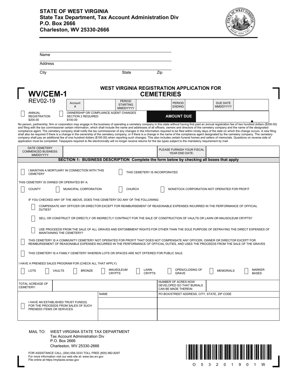 Form WV / CEM-1 West Virginia Registration Application for Cemeteries - West Virginia, Page 1
