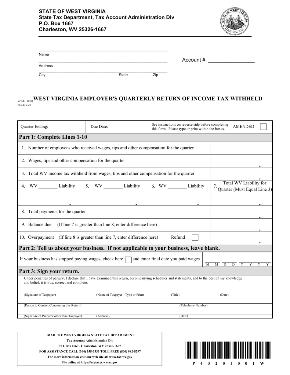 Form IT-101Q West Virginia Employers Quarterly Return of Income Tax Withheld - West Virginia, Page 1