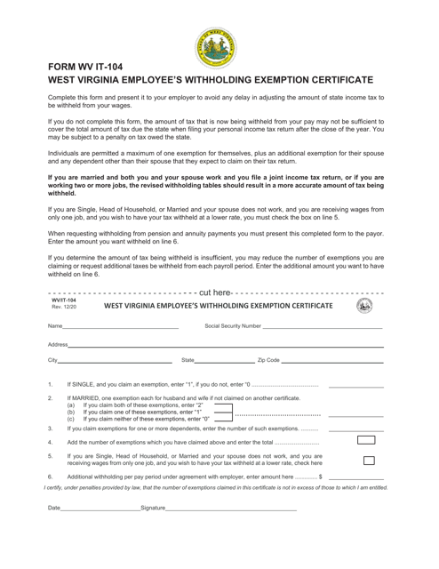 Form IT-104 West Virginia Employee's Withholding Exemption Certificate - West Virginia