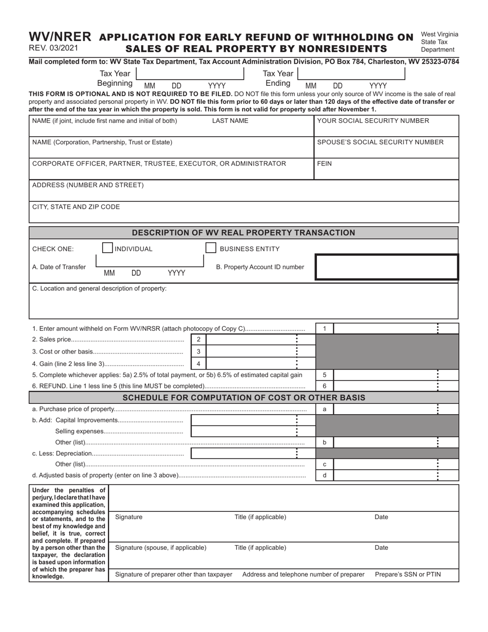 Form WV/NRER Application for Early Refund of Withholding on Sales of Real Property by Nonresidents - West Virginia, Page 1