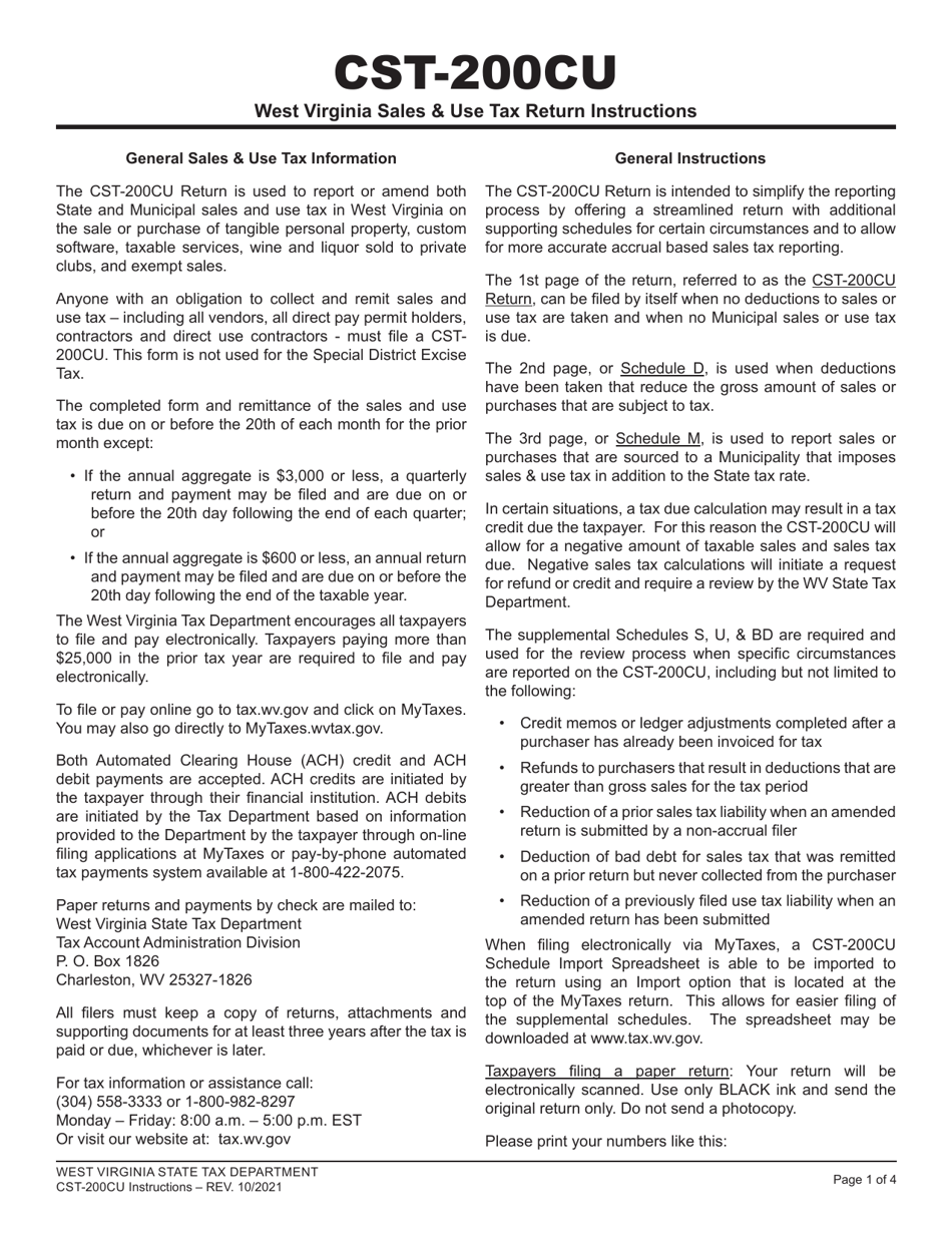 Download Instructions for Form CST200CU West Virginia Sales & Use Tax Return PDF 2019 — 2024
