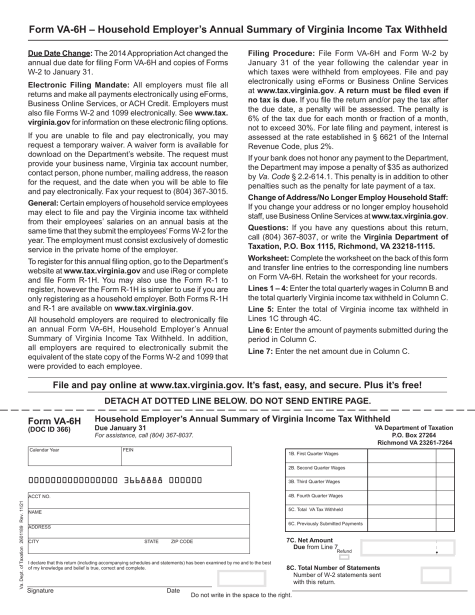 Form VA6H Download Fillable PDF or Fill Online Household Employer's