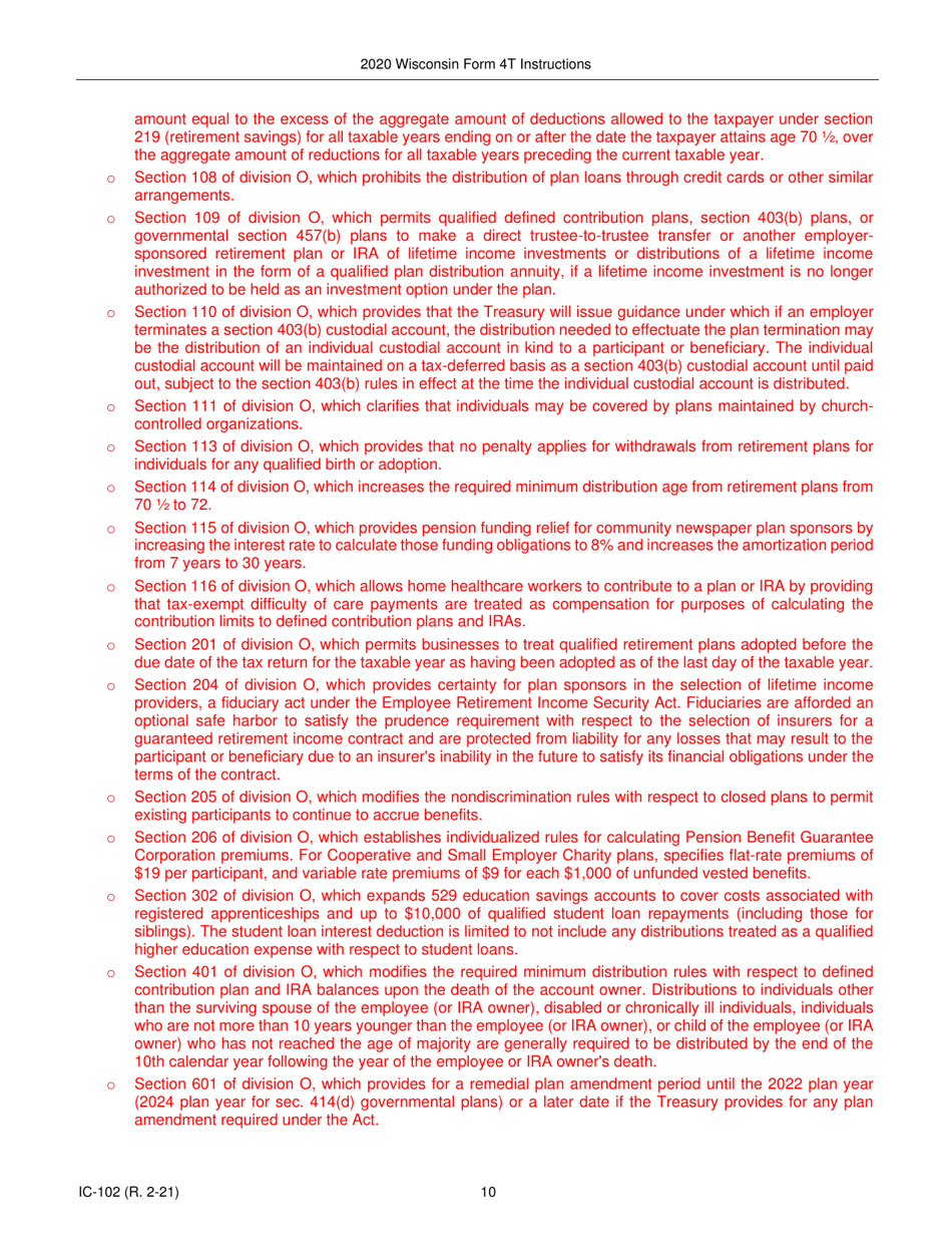 Instructions for Form 4T, IC-002 Wisconsin Exempt Organization Business Franchise or Income Tax Return - Wisconsin, Page 10