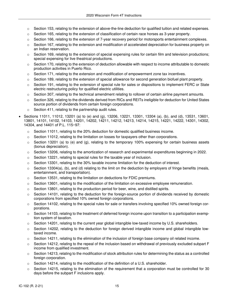 Instructions for Form 4T, IC-002 Wisconsin Exempt Organization Business Franchise or Income Tax Return - Wisconsin, Page 15