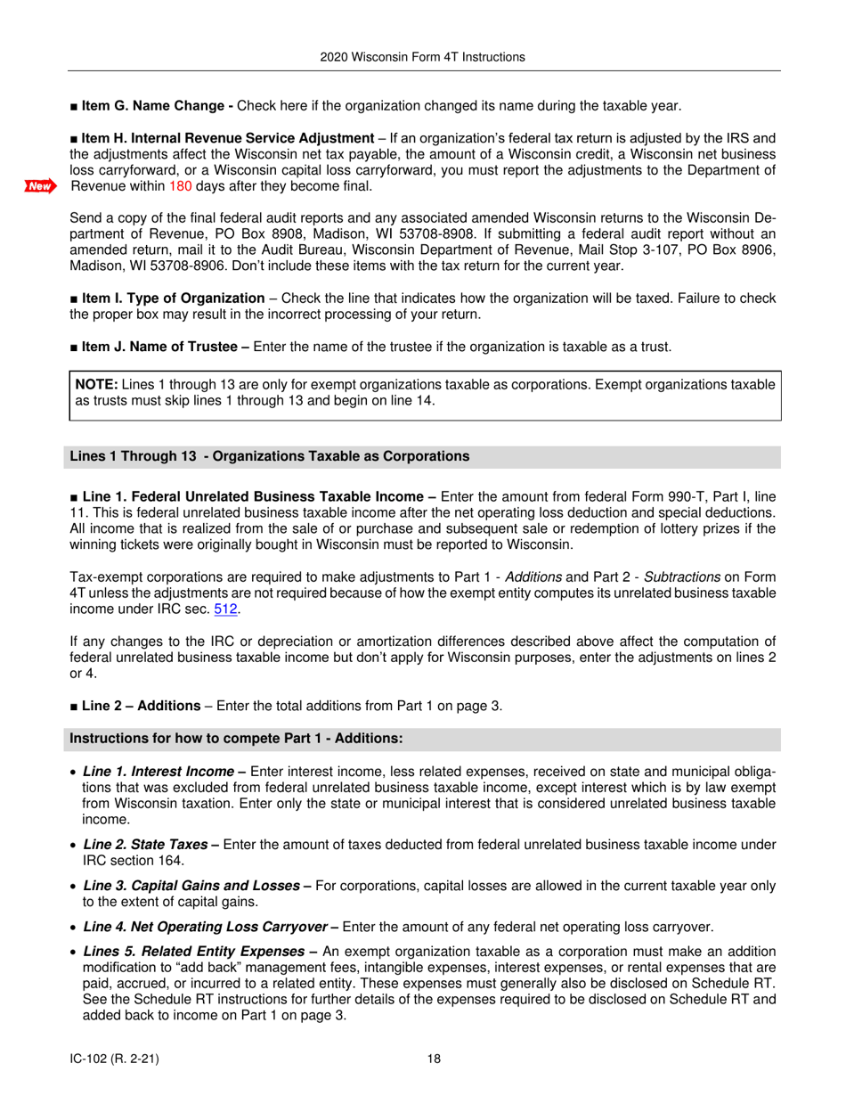 Instructions for Form 4T, IC-002 Wisconsin Exempt Organization Business Franchise or Income Tax Return - Wisconsin, Page 18