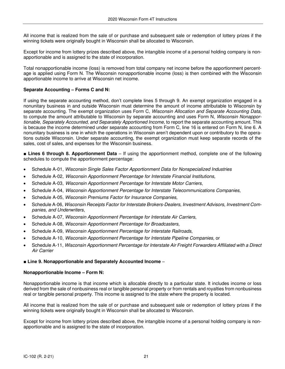 Instructions for Form 4T, IC-002 Wisconsin Exempt Organization Business Franchise or Income Tax Return - Wisconsin, Page 21