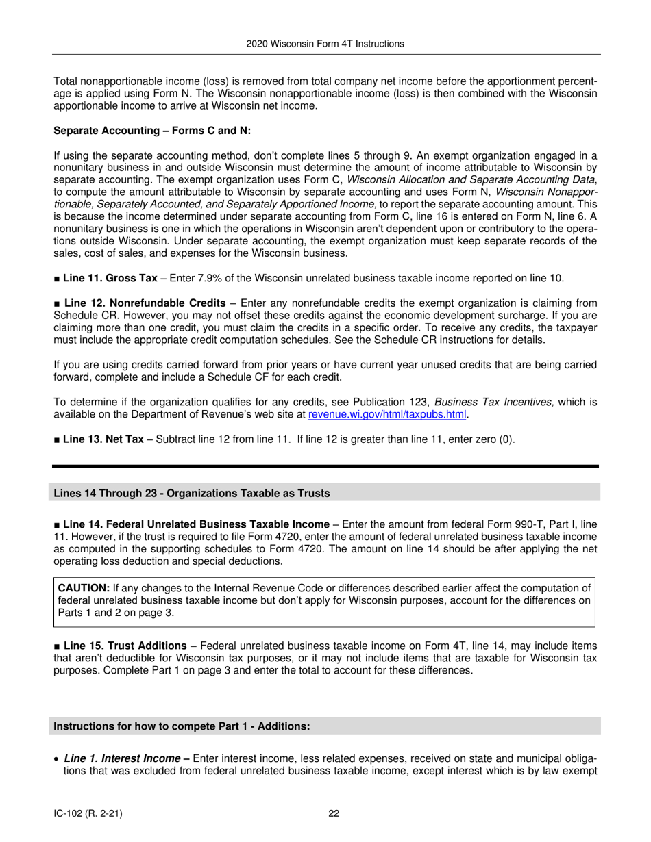 Instructions for Form 4T, IC-002 Wisconsin Exempt Organization Business Franchise or Income Tax Return - Wisconsin, Page 22