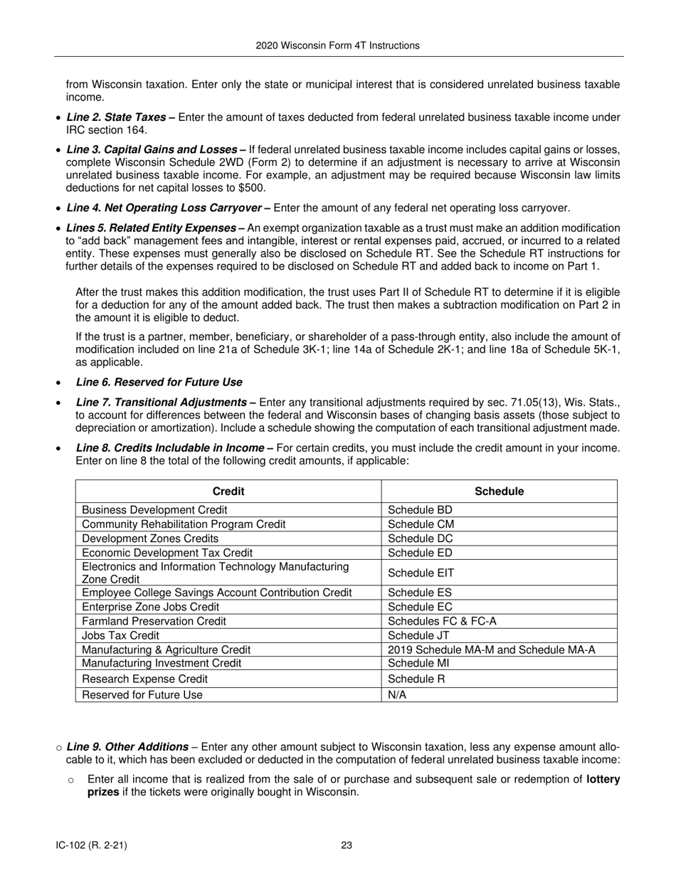 Instructions for Form 4T, IC-002 Wisconsin Exempt Organization Business Franchise or Income Tax Return - Wisconsin, Page 23