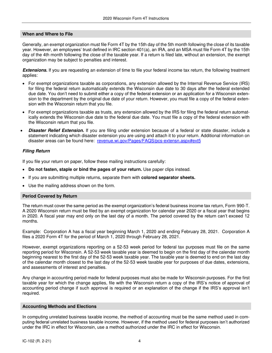 Instructions for Form 4T, IC-002 Wisconsin Exempt Organization Business Franchise or Income Tax Return - Wisconsin, Page 4