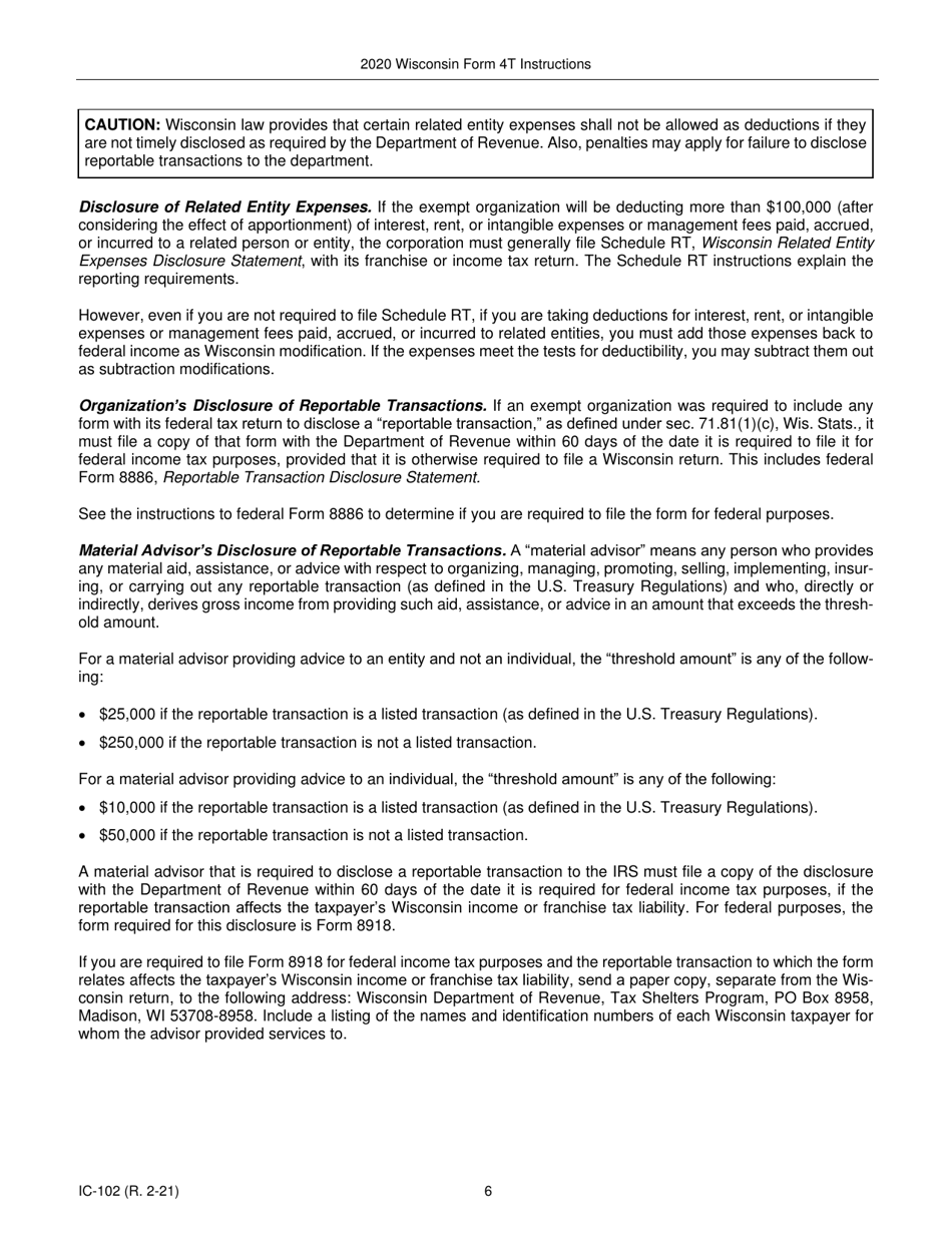 Instructions for Form 4T, IC-002 Wisconsin Exempt Organization Business Franchise or Income Tax Return - Wisconsin, Page 6
