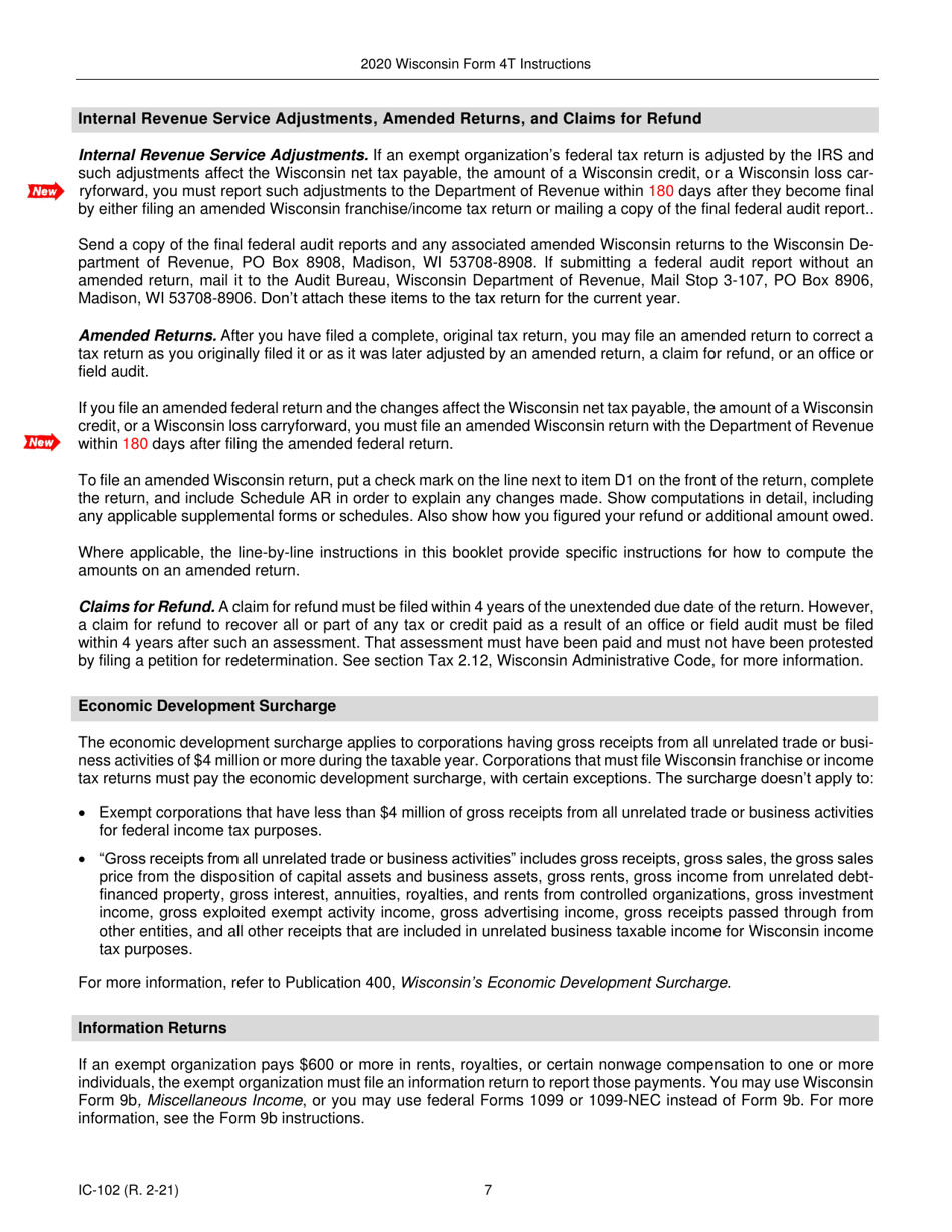 Instructions for Form 4T, IC-002 Wisconsin Exempt Organization Business Franchise or Income Tax Return - Wisconsin, Page 7