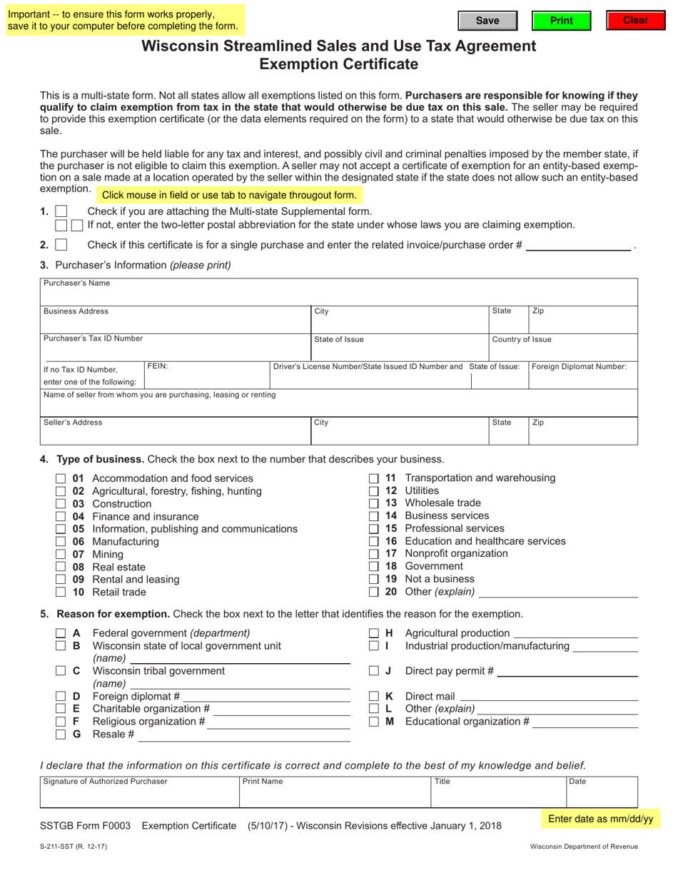 Form S-211-SST (SSTGB Form F0003) Wisconsin Streamlined Sales and Use Tax Agreement Exemption Certificate - Wisconsin, Page 1