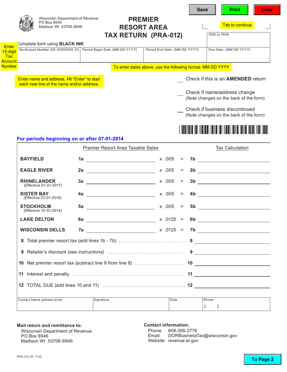 Form PRA-012 Premier Resort Area Tax Return - Wisconsin, Page 1