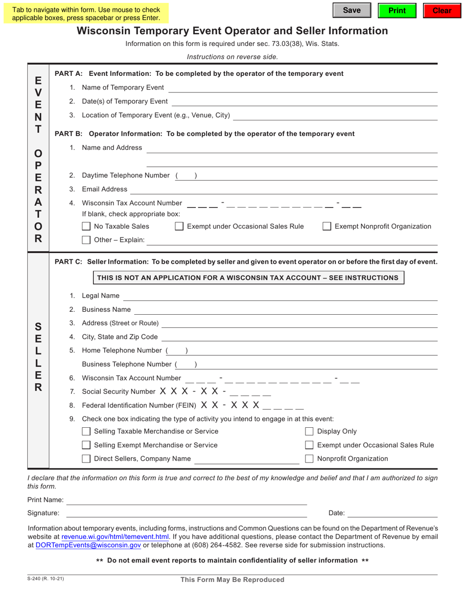 Form S-240 Wisconsin Temporary Event Operator and Seller Information - Wisconsin, Page 1