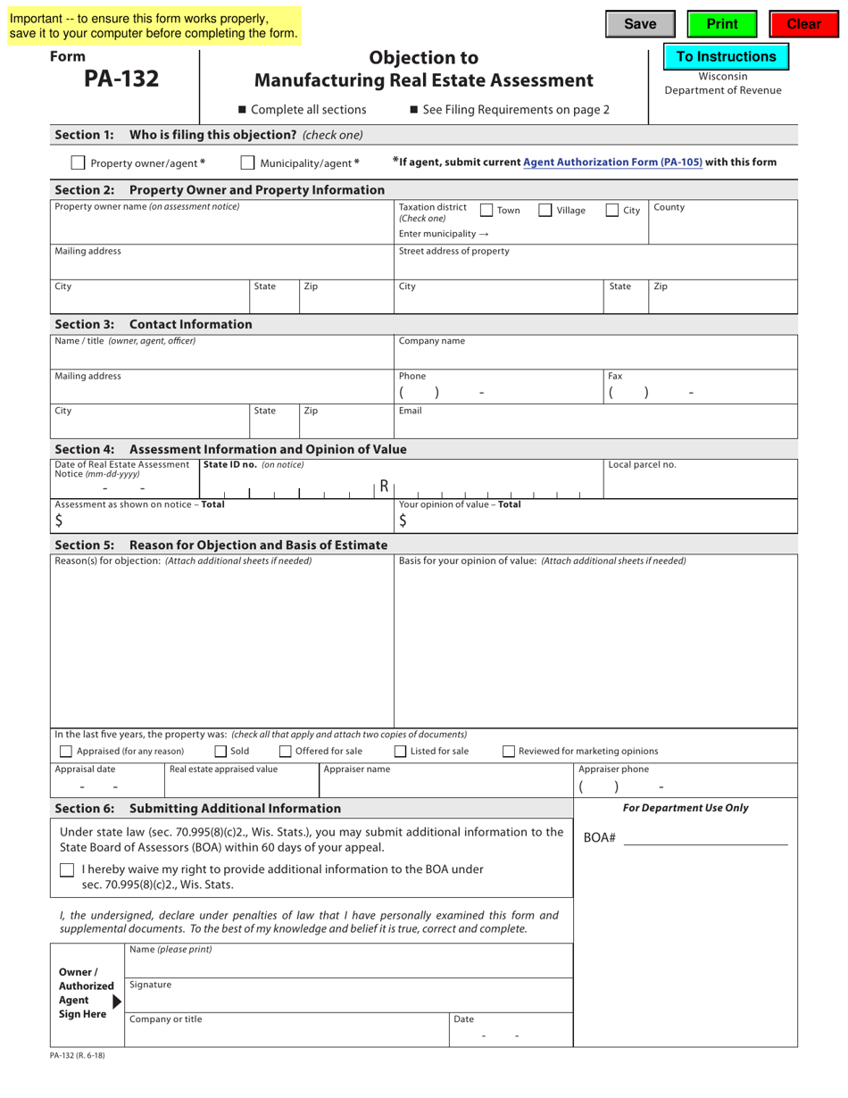 Form PA-132 Objection to Manufacturing Real Estate Assessment - Wisconsin, Page 1