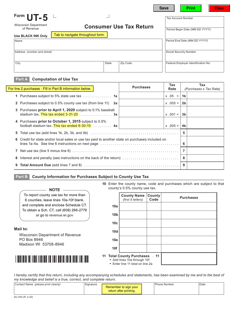 Form UT-5 (SU-050) Consumer Use Tax Return - Wisconsin, Page 1