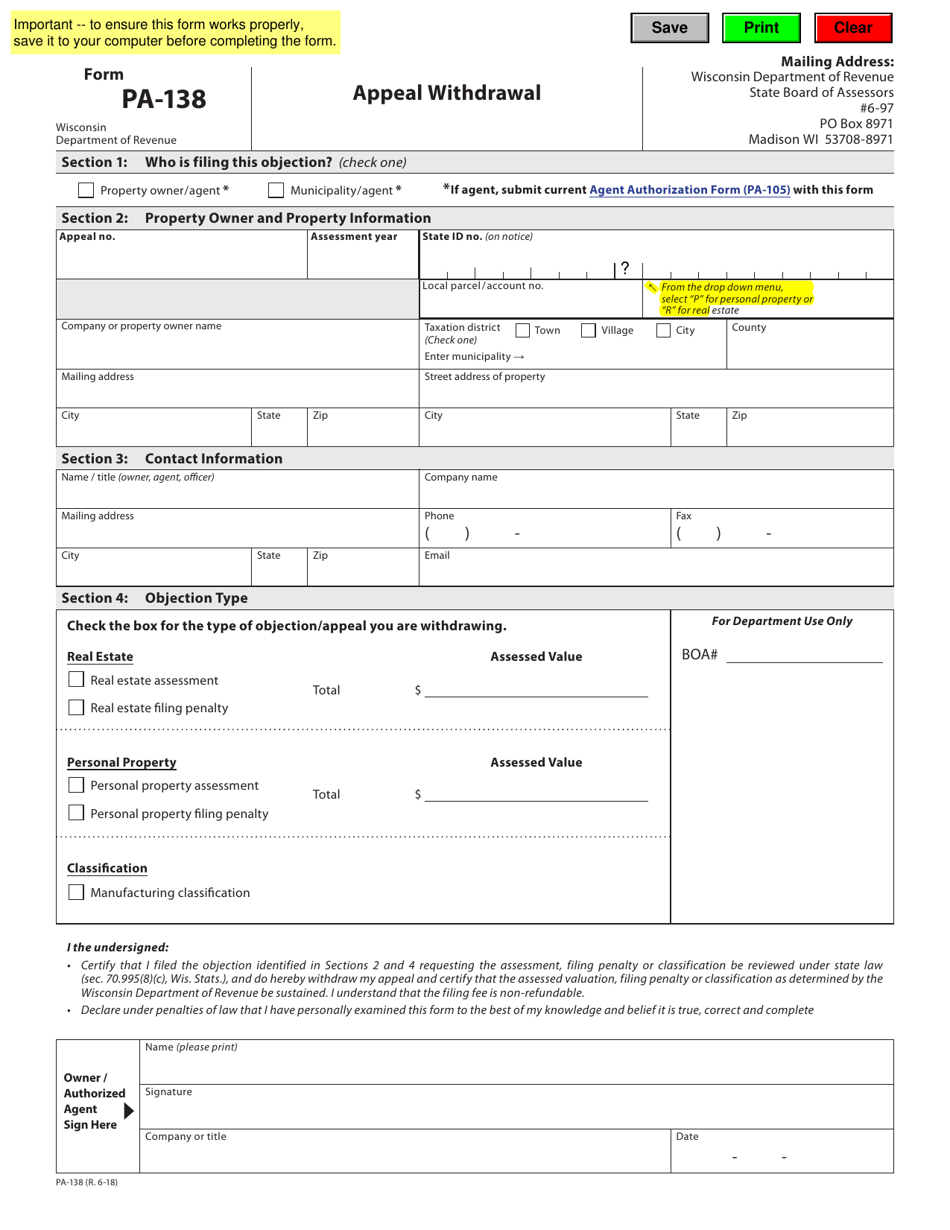 Form PA-138 Appeal Withdrawal - Wisconsin, Page 1