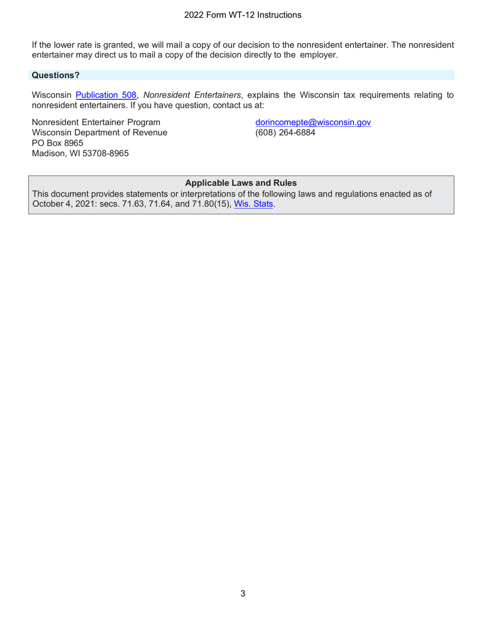 Instructions for Form WT-12, W-012LRR Nonresident Entertainers Lower Rate Request - Wisconsin, Page 3