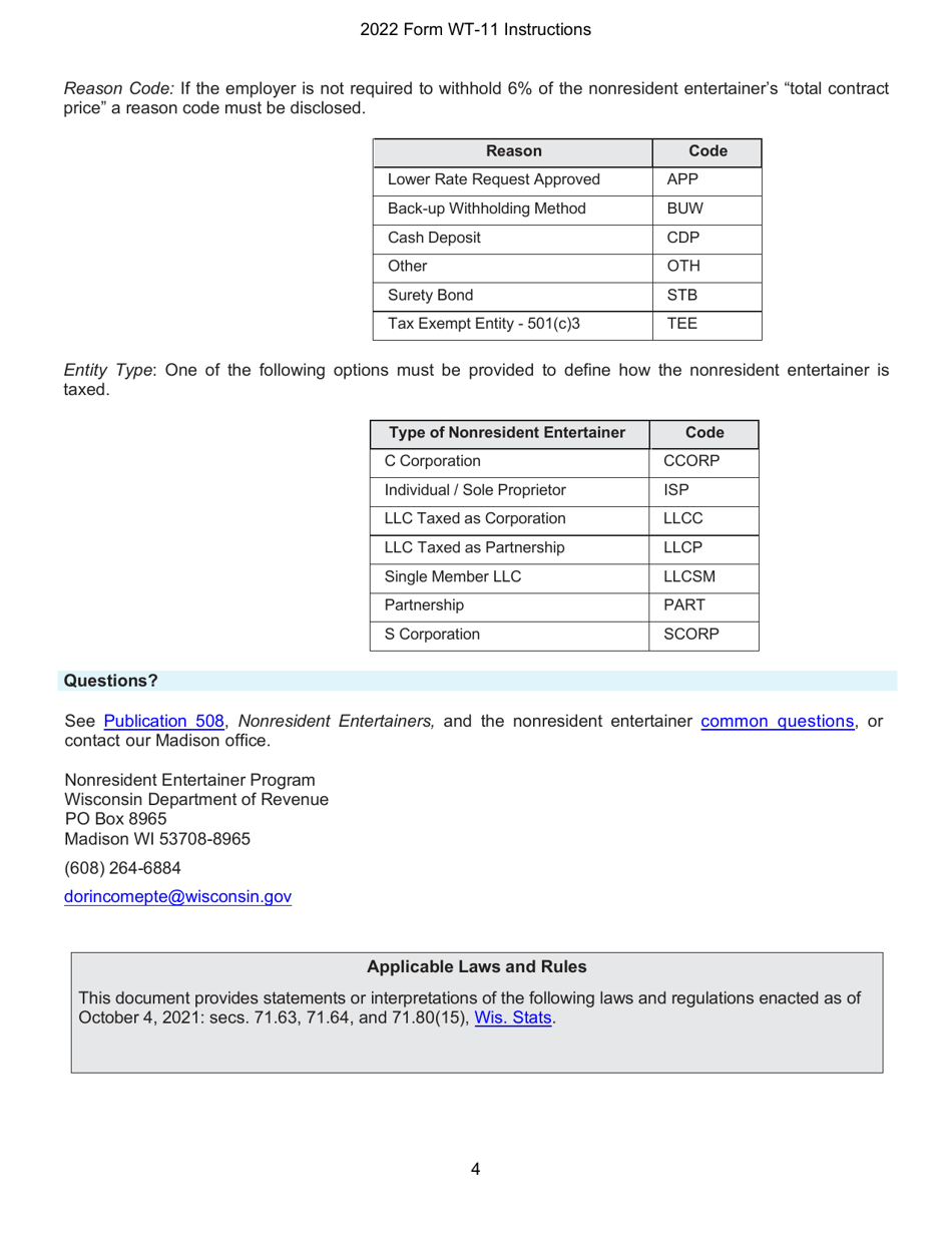 Instructions for Form WT-11, W-011 Nonresident Entertainer Withholding Report - Wisconsin, Page 4