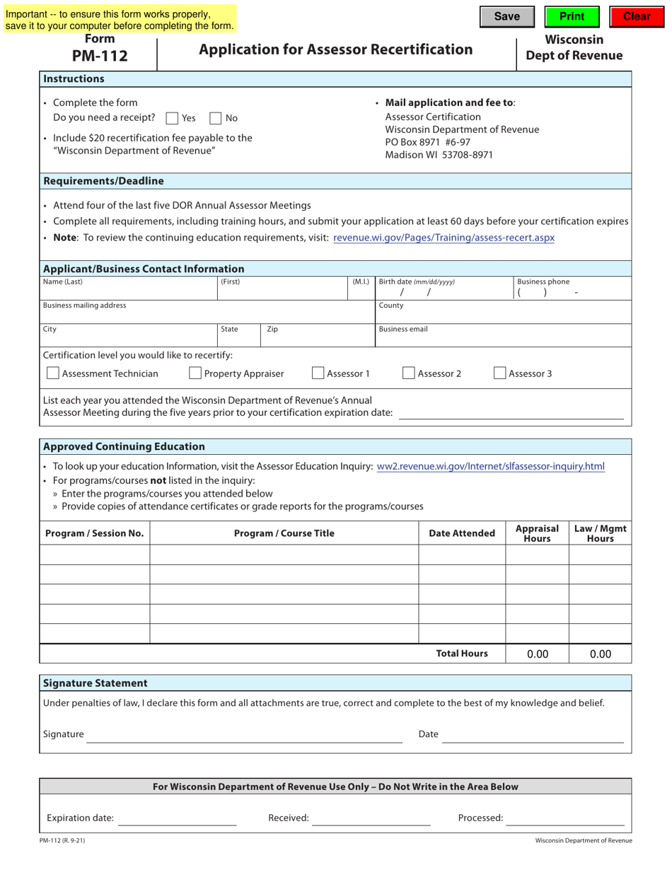 Form PM-112 Application for Assessor Recertification - Wisconsin, Page 1