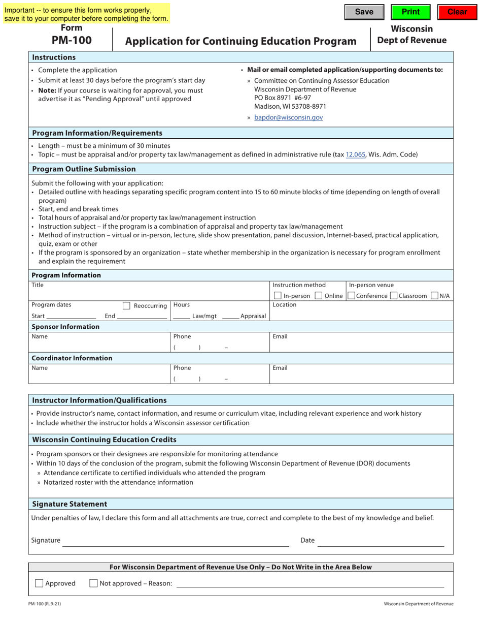 Form PM-100 Application for Continuing Education Program - Wisconsin, Page 1