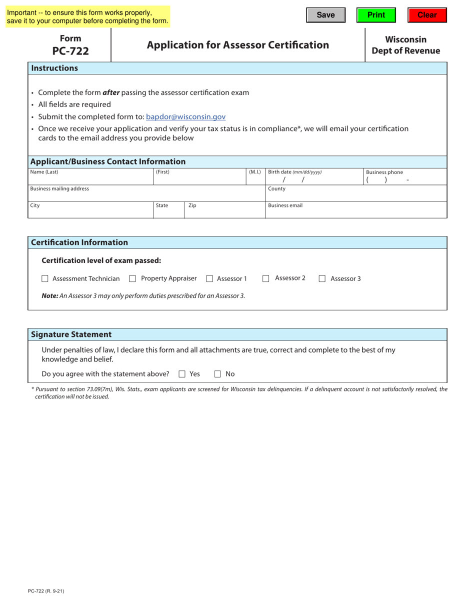 Form PC-722 Application for Assessor Certification - Wisconsin, Page 1