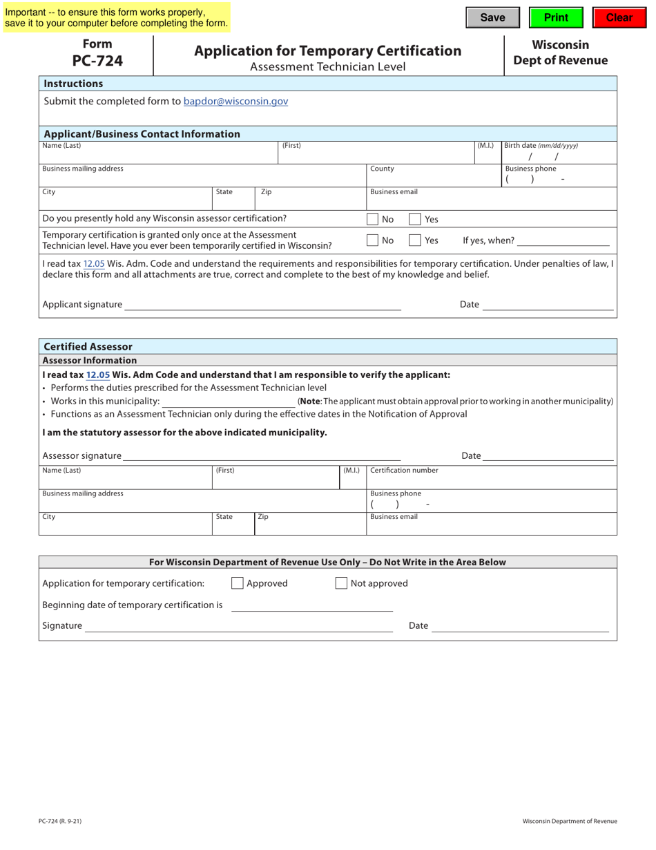 Form PC-724 Application for Temporary Certification - Assessment Technician Level - Wisconsin, Page 1