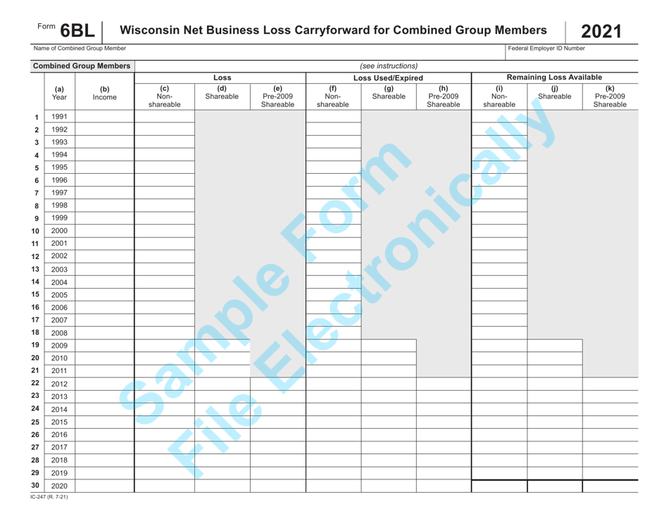 Form 6BL (IC-247) Wisconsin Net Business Loss Carryforward for Combined Group Members - Sample - Wisconsin, Page 1