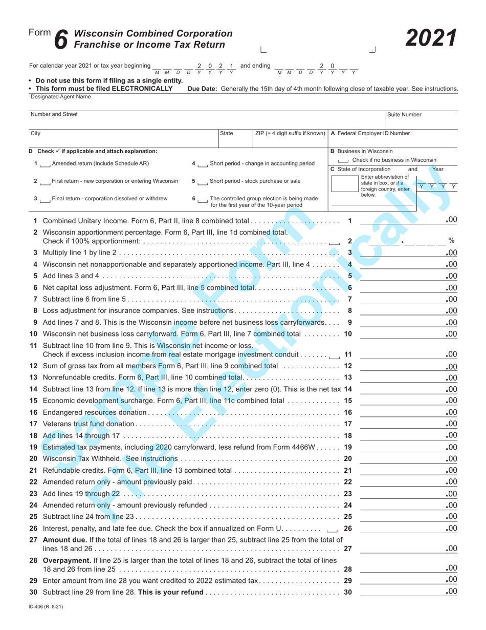 Form 6 (IC-406) Wisconsin Combined Corporation Franchise or Income Tax Return - Sample - Wisconsin, Page 1