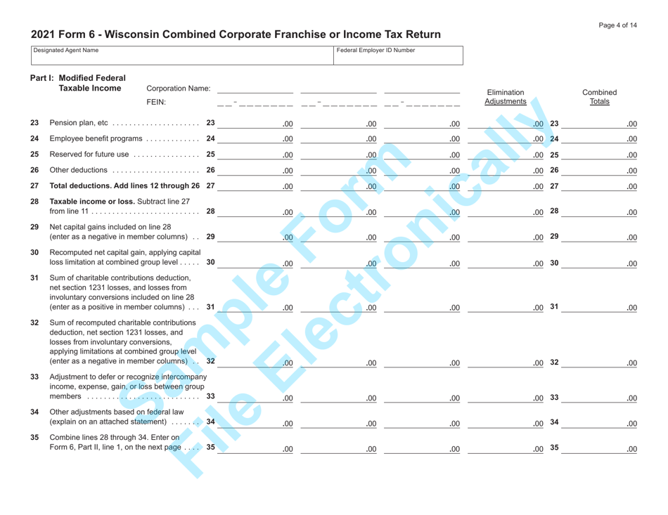 Form 6 (IC-406) Wisconsin Combined Corporation Franchise or Income Tax Return - Sample - Wisconsin, Page 4