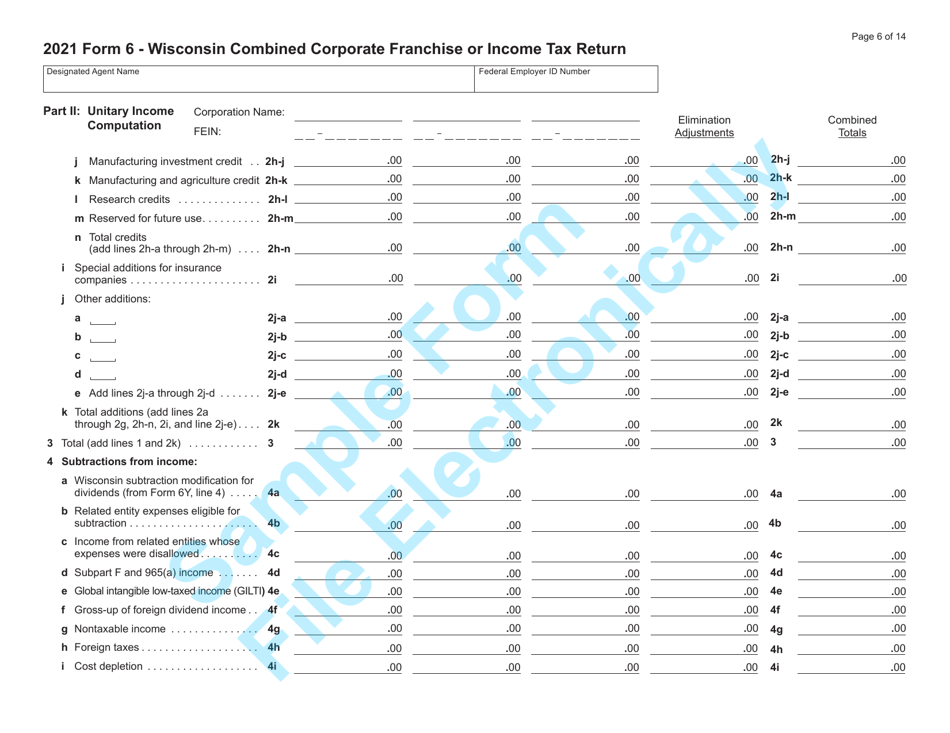 Form 6 (IC-406) Wisconsin Combined Corporation Franchise or Income Tax Return - Sample - Wisconsin, Page 6