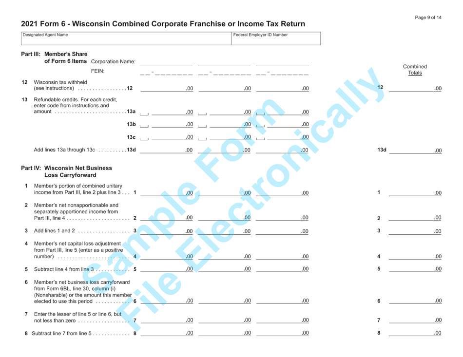 Form 6 (IC-406) Wisconsin Combined Corporation Franchise or Income Tax Return - Sample - Wisconsin, Page 9