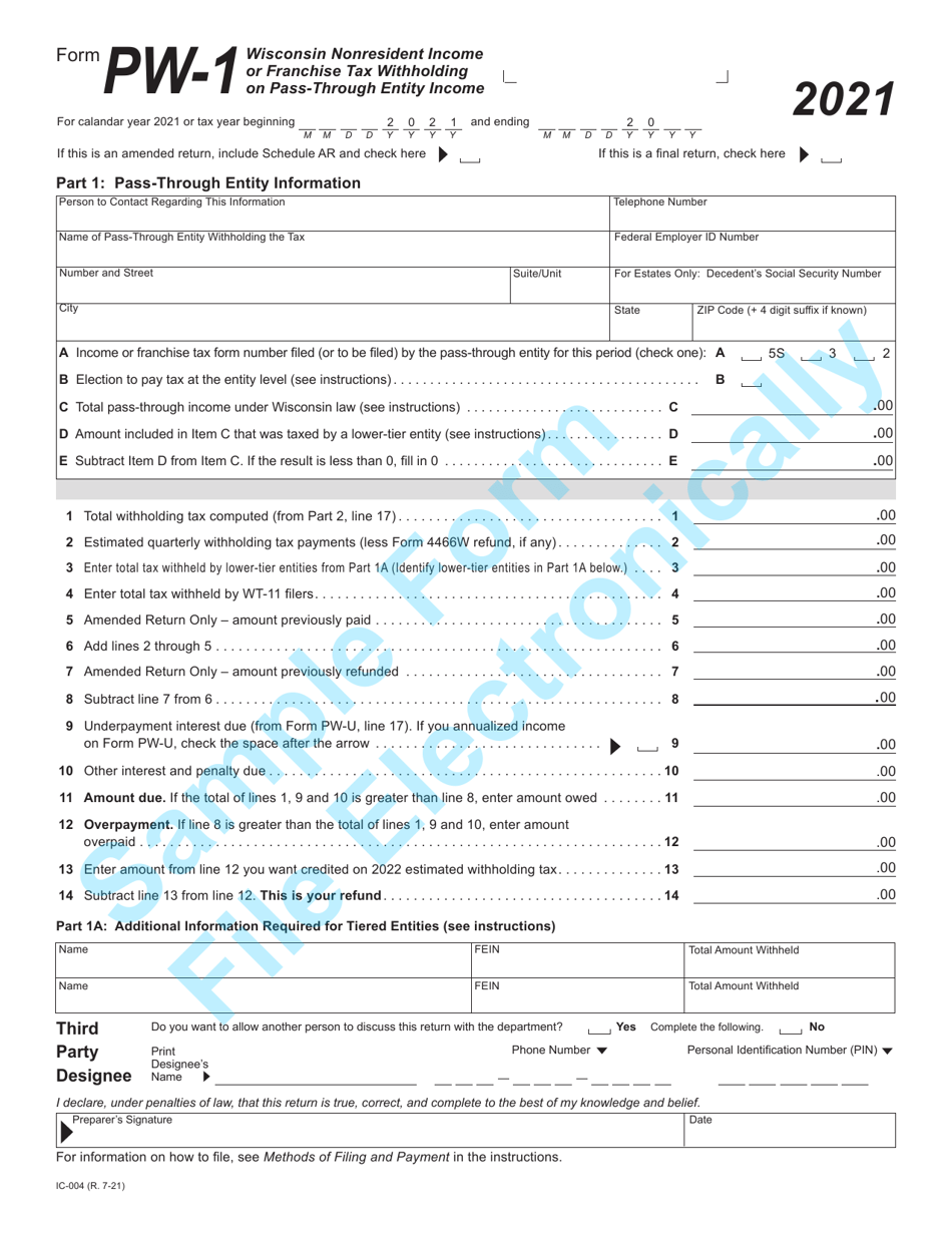 Form PW-1 (IC-004) Wisconsin Nonresident Income or Franchise Tax Withholding on Pass-Through Entity Income - Sample - Wisconsin, Page 1
