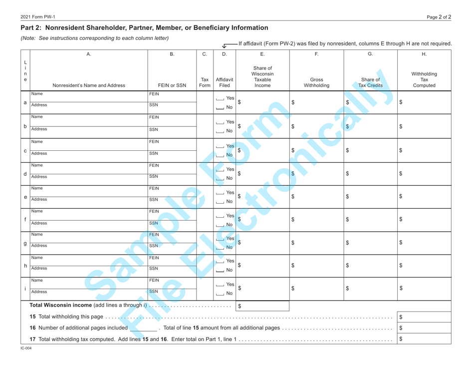 Form PW-1 (IC-004) Wisconsin Nonresident Income or Franchise Tax Withholding on Pass-Through Entity Income - Sample - Wisconsin, Page 2