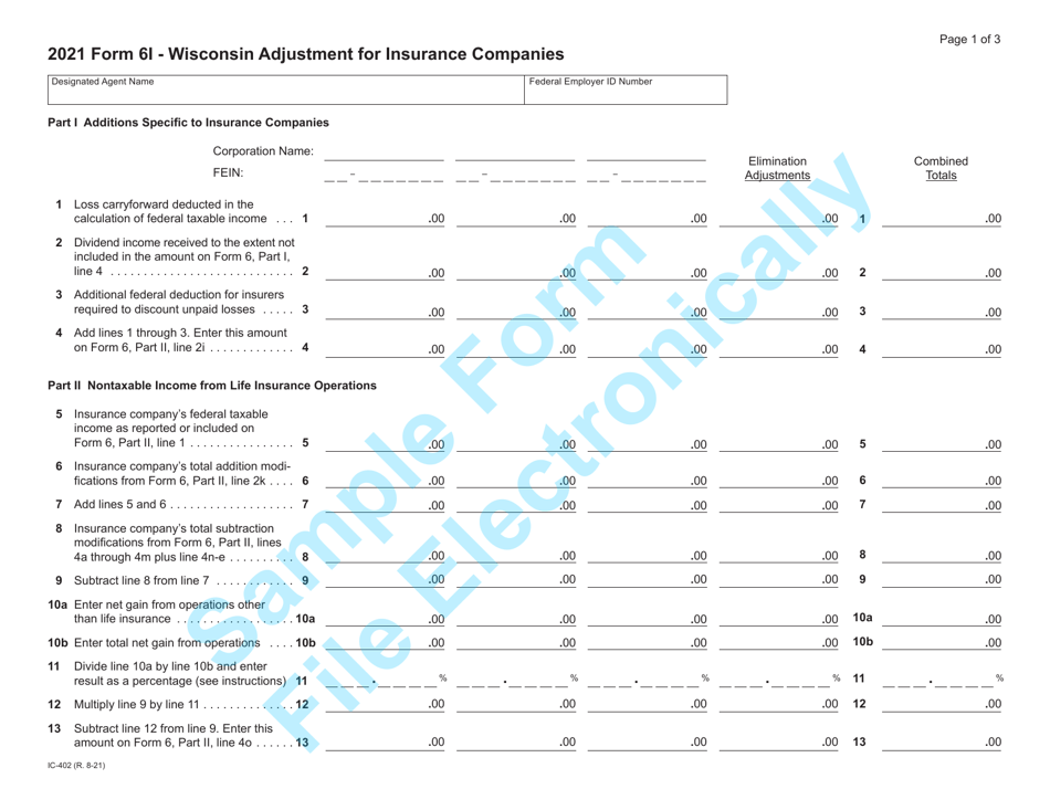 Form 6I (IC-402) Wisconsin Adjustment for Insurance Companies - Sample - Wisconsin, Page 1