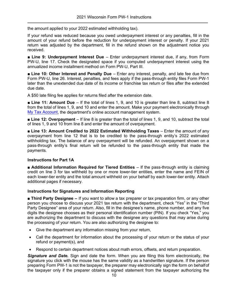 Instructions for Form PW-1, IC-004 Wisconsin Nonresident Income or Franchise Tax Withholding on Pass-Through Entity Income - Wisconsin, Page 10