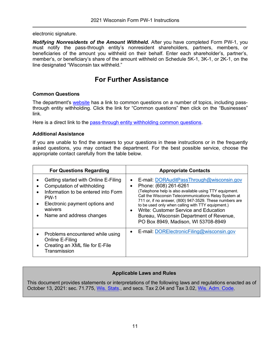 Instructions for Form PW-1, IC-004 Wisconsin Nonresident Income or Franchise Tax Withholding on Pass-Through Entity Income - Wisconsin, Page 11