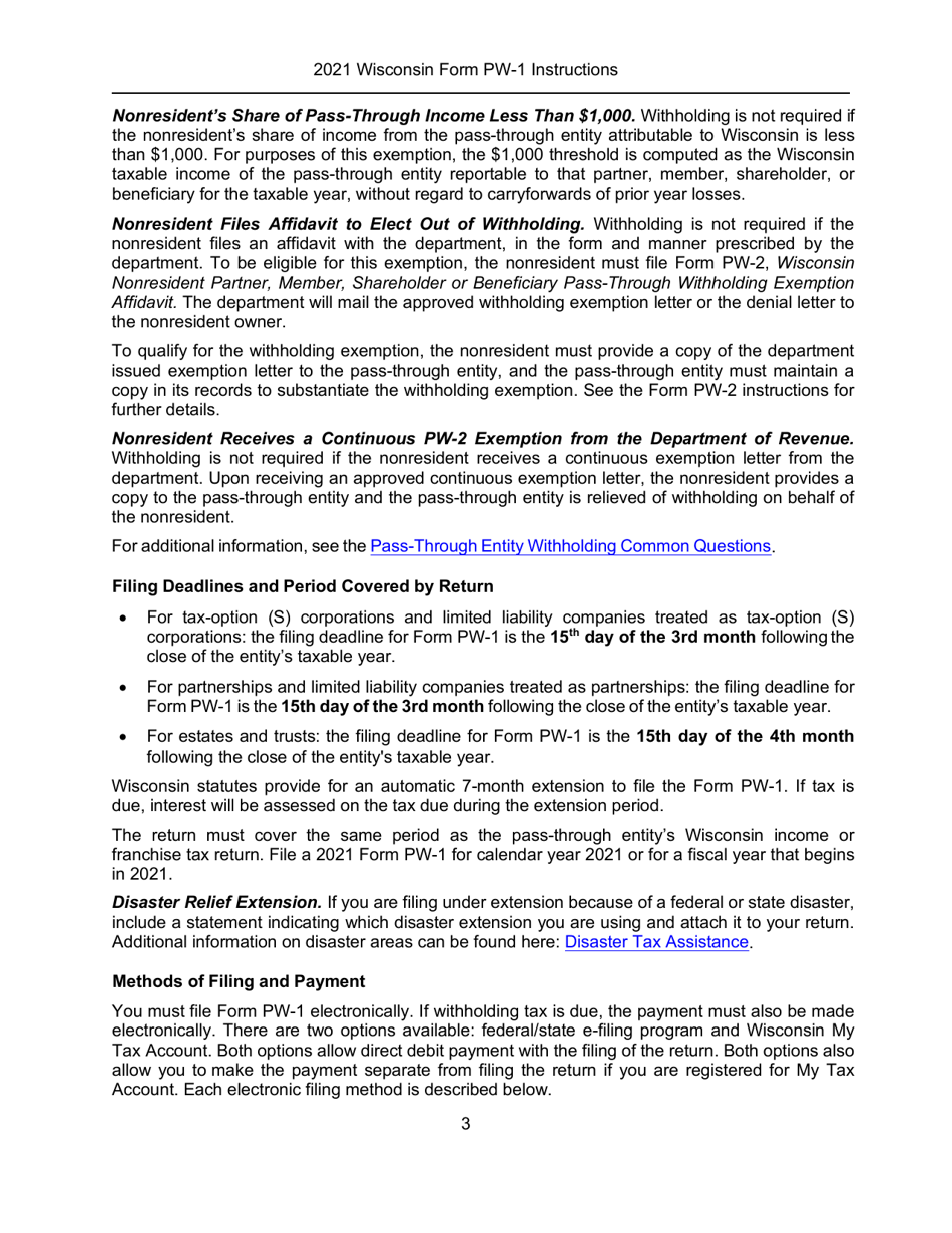 Instructions for Form PW-1, IC-004 Wisconsin Nonresident Income or Franchise Tax Withholding on Pass-Through Entity Income - Wisconsin, Page 3
