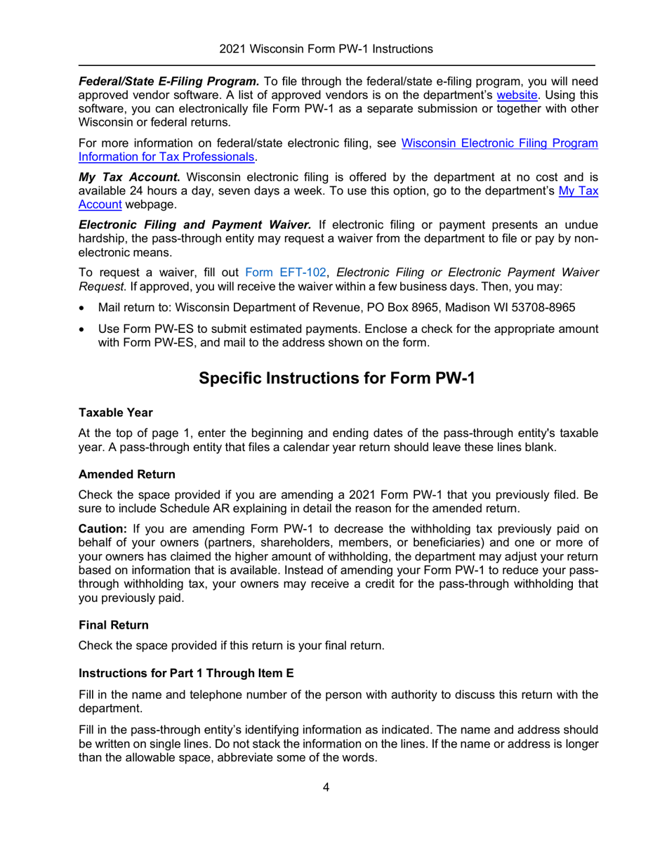 Instructions for Form PW-1, IC-004 Wisconsin Nonresident Income or Franchise Tax Withholding on Pass-Through Entity Income - Wisconsin, Page 4