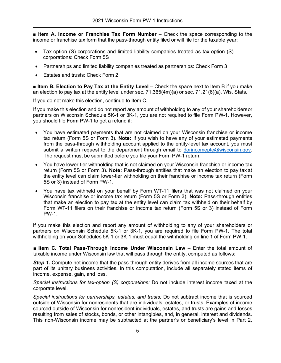 Instructions for Form PW-1, IC-004 Wisconsin Nonresident Income or Franchise Tax Withholding on Pass-Through Entity Income - Wisconsin, Page 5