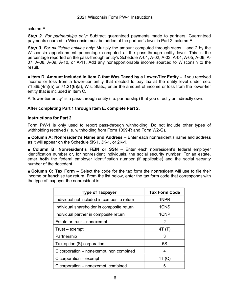 Instructions for Form PW-1, IC-004 Wisconsin Nonresident Income or Franchise Tax Withholding on Pass-Through Entity Income - Wisconsin, Page 6