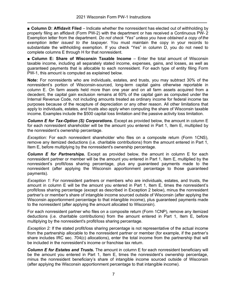 Instructions for Form PW-1, IC-004 Wisconsin Nonresident Income or Franchise Tax Withholding on Pass-Through Entity Income - Wisconsin, Page 7