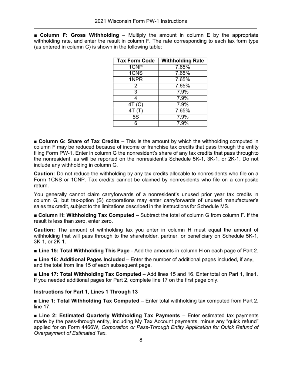 Instructions for Form PW-1, IC-004 Wisconsin Nonresident Income or Franchise Tax Withholding on Pass-Through Entity Income - Wisconsin, Page 8